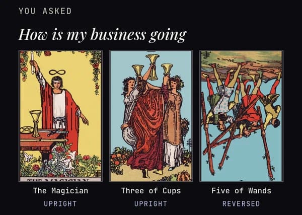 Three drawn tarot cards and the start of their reading, captured from the real app
