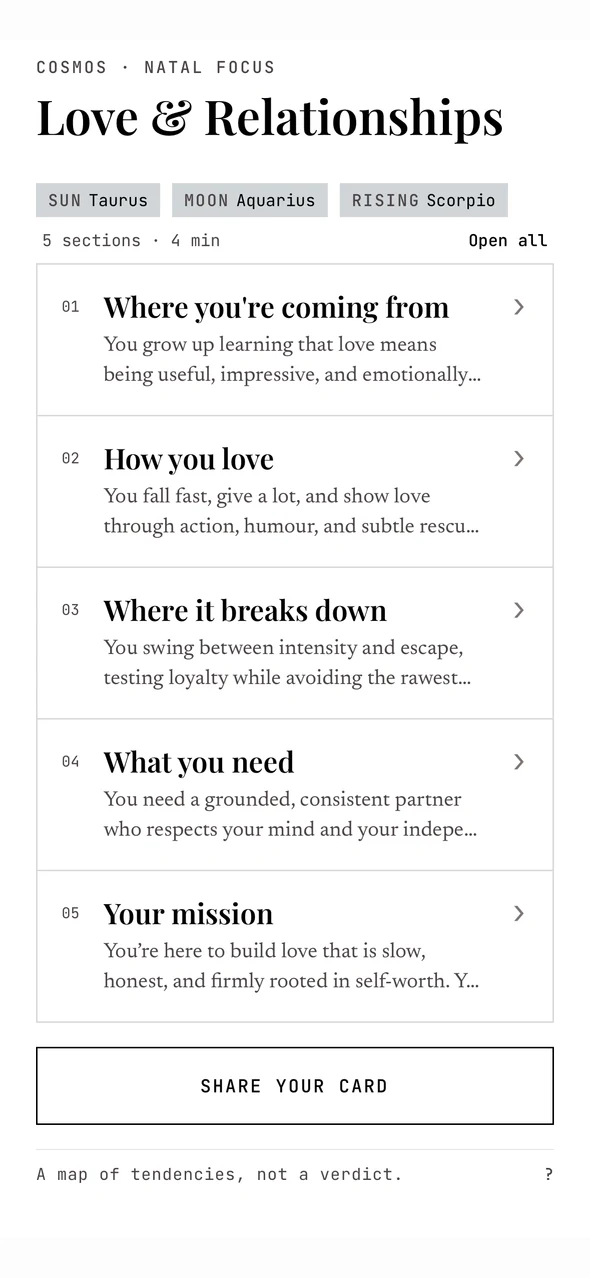 A birth chart reading about love and relationships in the Celestial Vibe app, with Sun, Moon and Rising signs